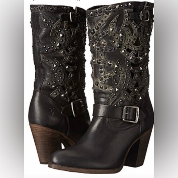 Frye Shoes - Frye Ilana Deco Black Hand-Studded Metal Embellished Western Boot